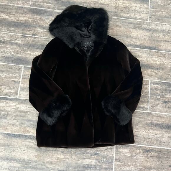 Nuage Dark Brown Black Faux Fur Hooded Coat w/ Trim Diamond Pattern Y2K - Picture 8 of 16